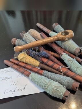 10 Vintage Antique Spools Textile Mill + 1 Threader UK 1800s